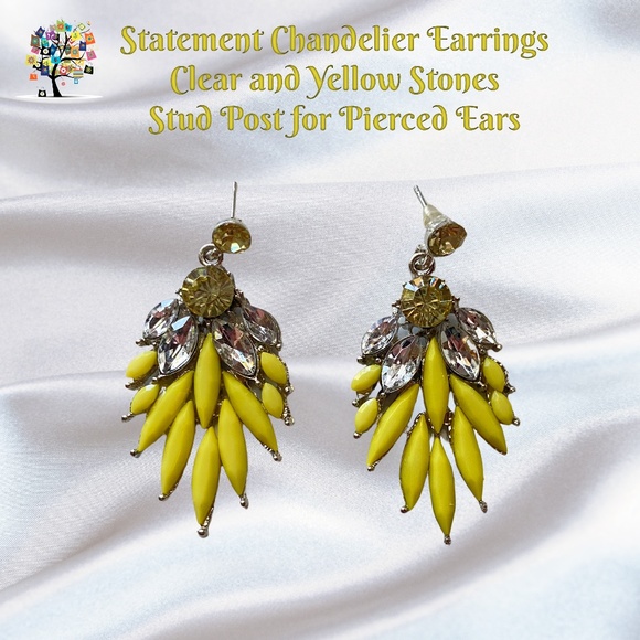Dragonfly Spirit Designs Jewelry - Statement Chandelier Earrings Clear and Yellow Stones Stud Post Pierced Ears
